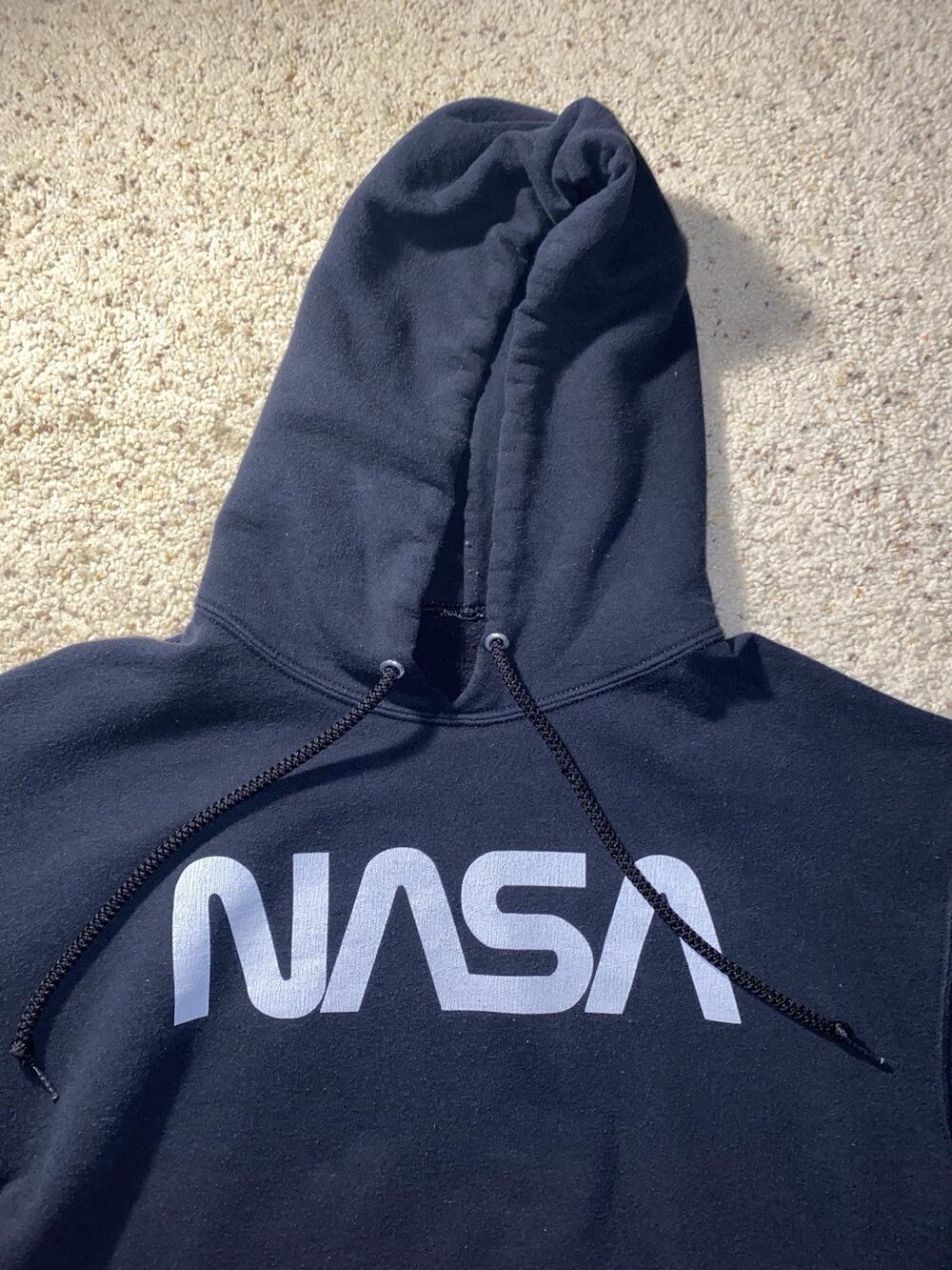 Vintage NASA Hoodie Adult Medium Navy Space Old School Script Logo Sweatshirt